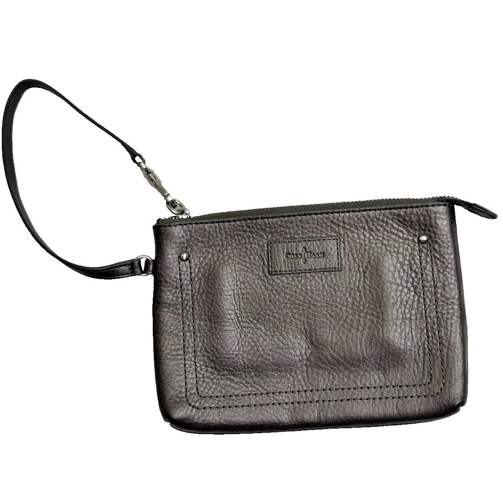 Cole Haan Wristlet Leather Pebbled Gray Metallic Clutch Purse Holds‎ Cell Phone